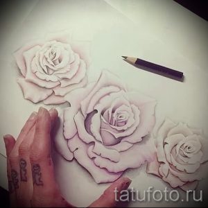 Фото тату: три белые розы, выполненные в технике акварели, с карандашным эскизом рядом. Идеально для вдохновения и поиска идей для тату.