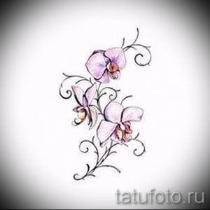 Фото тату с изображением нежных орхидей в пастельных тонах. Эскиз татуировки выполнен в акварельной технике с добавлением тонких линий и градиентов.
