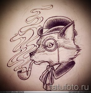 Эскиз татуировки лисы с моноклем, трубкой и закрученными усами, выполненный в винтажном стиле. Изображение выполнено в сепии.