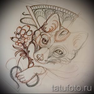 Эскиз татуировки с изображением милого котенка, держащего зонтик и окруженного цветами. Нежный и романтичный рисунок.