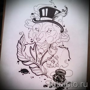 Эскиз татуировки лисы в цилиндре, с бабочкой и элементами декора. Изображение выполнено в черно-белом графическом стиле.