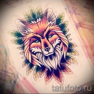 Эскиз татуировки лисы в стиле традишнл с использованием ярких цветов и четких контуров. Лиса окружена цветами и листьями.