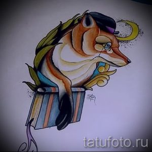 Эскиз татуировки лисы в стиле олдскул с цилиндром и чемоданом. Яркие цвета и четкие контуры.
