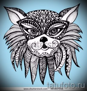 Детализированный эскиз татуировки с изображением головы лисы, выполненный в стиле зентангл. Уникальный и сложный узор.