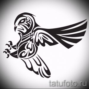 Фото тату совы в стиле трайбл. Черный рисунок с использованием плавных линий и геометрических форм, символизирующих свободу и грацию.