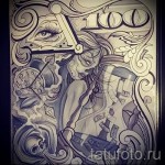 Черно-белое фото эскиза тату в стиле чикано с изображением девушки, часов, роз и символов.