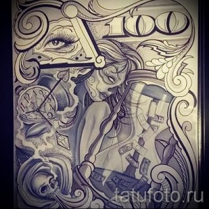 Черно-белое фото эскиза тату в стиле чикано с изображением девушки, часов, роз и символов.