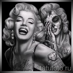 Черно-белый эскиз тату: Мэрилин Монро и ее скелетированная версия. Детализированный рисунок с контрастным изображением.
