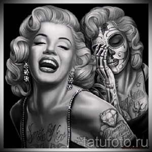 Черно-белый эскиз тату: Мэрилин Монро и ее скелетированная версия. Детализированный рисунок с контрастным изображением.