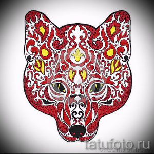 Красочный эскиз татуировки лисы, выполненный в этническом стиле с использованием красных, белых и желтых цветов и сложных узоров. Подходит для тех, кто ценит культурные мотивы.