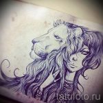 Фото эскиза татуировки, изображающего голову льва рядом с портретом девушки, выполненного в графическом стиле.