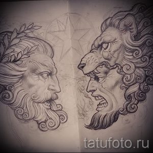 Фото эскиза тату, изображающего противостояние льва и бога с бородой. Детализированный рисунок с использованием штриховки и теней. Подходит для любителей мифологии.