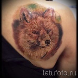 Фото реалистичной татуировки лисы на плече. Рисунок выполнен в коричневых и серых тонах, с высокой детализацией и реалистичной передачей шерсти.