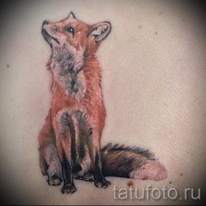 Фото тату: акварельная лиса, сидящая на спине. Мягкие переходы цветов и реалистичное изображение.