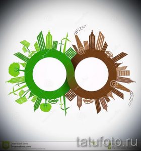 Фото тату: Символ бесконечности, представленный двумя кругами, один зеленый с эко-городами, другой коричневый с промышленными зданиями. Символизирует баланс.