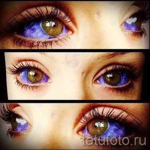 Коллаж фотографий, демонстрирующий татуировку радужки глаза в различных оттенках фиолетового. Изображение показывает экстремальный способ изменения цвета глаз.