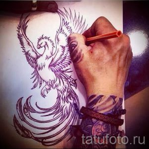 Фото эскиза татуировки феникса, нарисованного на руке. Детализированный рисунок татуировки с расправленными крыльями.