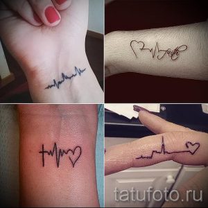 Фото тату: коллаж из четырех фотографий с татуировками кардиограммы, сердца с надписью 'faith', креста и сердца с кардиограммой.