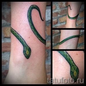 Фото тату: зеленая татуировка змеи, обвивающей лодыжку. Яркий и стильный рисунок татуировки, выполненный в цветном стиле.