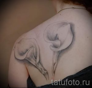 Фото тату: черно-белый рисунок двух изящных калл на женской лопатке. Детализированная прорисовка лепестков и стеблей.