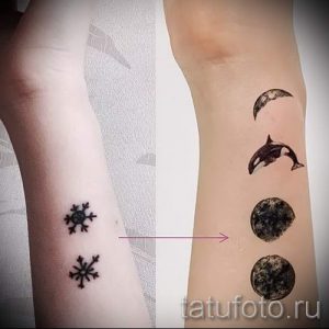 Фото тату: коллаж из татуировок, показывающий трансформацию снежинки в кита на руке.