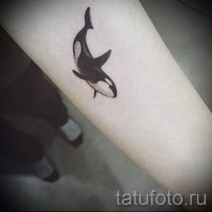 Фото тату маленькой косатки на предплечье. Черно-белый рисунок татуировки с четкими контурами и реалистичными деталями. Идеально для любителей морской тематики.