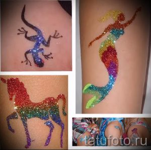 Фотография коллажа из четырех блестящих татуировок: ящерицы, русалки, лошади и татуировок на ногах. Яркий и привлекательный рисунок.