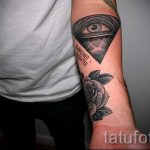 Фото тату: татуировка на предплечье с изображением глаза в треугольнике, окруженного надписью и розой. Реалистичный стиль.
