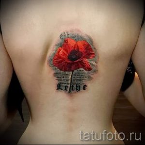 Фото тату мака с надписью на спине, красный цветок, старинный шрифт, текстура бумаги, романтичный и элегантный стиль.