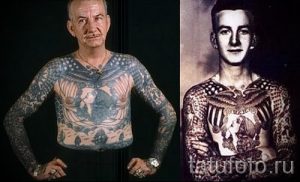 Фотография пожилого мужчины, полностью покрытого татуировками, рядом с его старой фотографией, демонстрирующая эволюцию его татуировок.