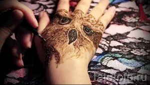mehendi sur un hibou de la main - photo henné tatouage temporaire 1173 tatufoto.ru