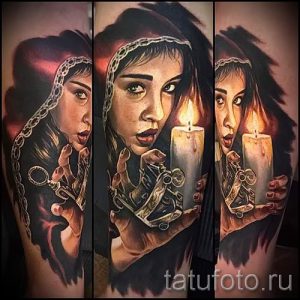 фото тату портрет - красивая девушка и горящая свеча