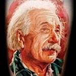 фото тату портрет - цветная татуировка с лицом Эйнштейна