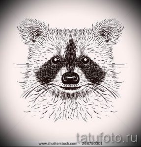 Фото тату графичного портрета енота, выполненного в технике линеры. Эскиз отличается минималистичным дизайном и четкими линиями.