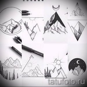 Фото тату: подборка эскизов татуировок с изображением горных пейзажей, солнца, луны и геометрических фигур, выполненных в графическом стиле.