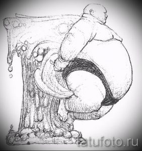 Чёрно-белый эскиз татуировки с изображением толстого буддиста, сидящего на тарелке с едой. Юмористический и оригинальный дизайн.