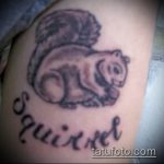 Фото тату белки на предплечье в серой гамме с надписью 'Squirrel'. Детализированный рисунок с акцентом на пушистый хвост.