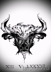 Детализированный эскиз татуировки с изображением головы быка в стиле dark art. Мрачная атмосфера, сложные узоры, реалистичная прорисовка.