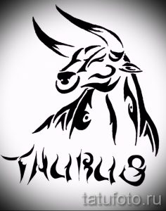 Эскиз татуировки с изображением головы быка и надписью 'TAURUS'. Стиль - графика, четкие линии, современный дизайн.