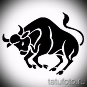 Фото тату черного быка в стиле трайбл, выполненного плавными линиями. Рисунок демонстрирует силу и грацию животного.