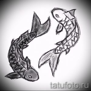 Эскиз татуировки с изображением двух карпов кои, образующих символ инь-ян. Символизирует баланс, гармонию и жизненную силу.