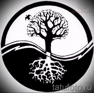 Фото тату с изображением символа Инь и Ян, в котором одна половина представляет собой дерево с корнями, а другая – водную гладь. Черно-белый рисунок с детальной проработкой.