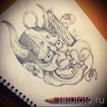 Детальный эскиз татуировки японской демонической маски Они, выполненный в технике карандашного рисунка. Подходит для ценителей японской культуры и мифологии.