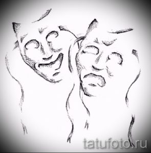 Фото эскиза татуировки с двумя схематичными масками, смотрящими друг на друга. Минималистичный черно-белый рисунок.