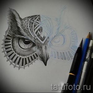 Черно-белый эскиз татуировки с изображением совы, часть лица которой украшена кельтским узором.