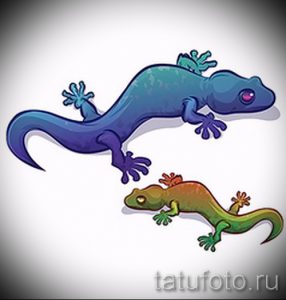 Фото тату: два красочных рисунка ящериц в мультяшном стиле, выполненные в ярких синих и зеленых тонах.