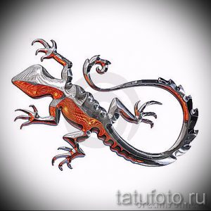 Татуировка ящерицы в стиле биомеханика с использованием металлических деталей и оранжевых акцентов. Подходит для любителей научной фантастики и технологичных тату.