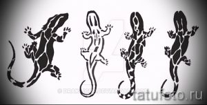 Коллаж из четырех эскизов татуировок ящериц, выполненных в разных стилях: контурный, графический, трайбл и силуэтный. Идеально для выбора подходящего дизайна.