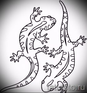 Черно-белый контурный рисунок татуировки ящерицы, выполненный тонкими линиями. Идеальный эскиз для минималистичной тату на предплечье или лопатке.