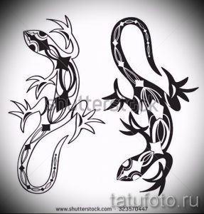 Черно-белые эскизы татуировок ящериц в стиле трайбл с геометрическими узорами и детальной проработкой.